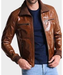 Mens Bomber Shining Brown Leather Jacket