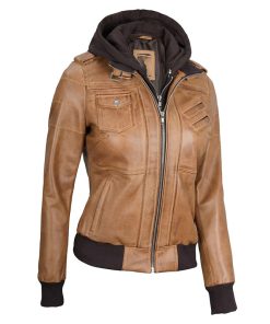 Women Camel Brown Bomber Leather Jacket