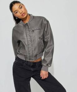 Crop Washed Faux Leather Bomber Jacket