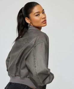 Crop Washed Faux Leather Bomber Jacket