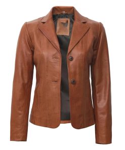 Women's Two Button Tan Leather Blazer Jacket