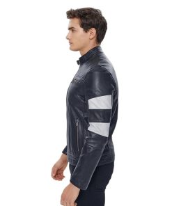 Men’s Real Black Leather Belted Collar Jacket