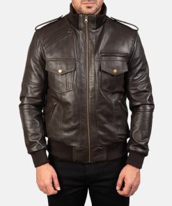 Agent Shadow Brown Leather Bomber Jacket