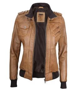 Women Camel Brown Bomber Leather Jacket