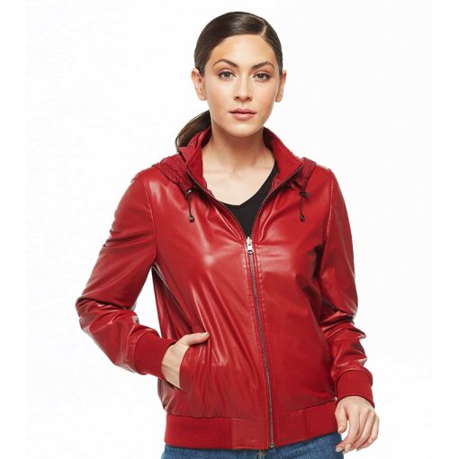 Women’s Real Red Leather Bomber Jacket - Image 4