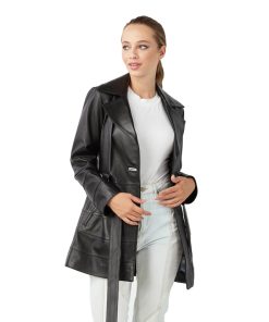 Women’s Real Black Leather Trench Short Coat