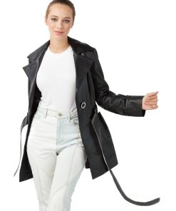 Women’s Real Black Leather Trench Short Coat