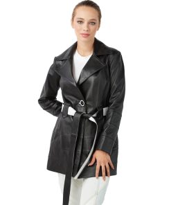 Women’s Real Black Leather Trench Short Coat
