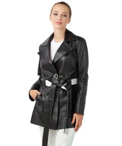 Women’s Real Black Leather Trench Short Coat