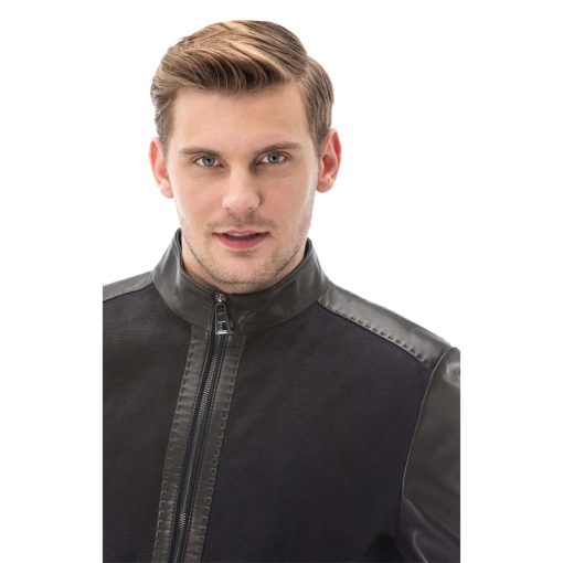 Men’s Real Navy-Blue Leather Printed Jacket - Image 3