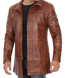 Men's Vintage Cognac Leather Car Coat