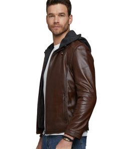 Men’s Real Brown Leather Hooded Jacket