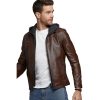 Men’s Real Brown Leather Hooded Jacket