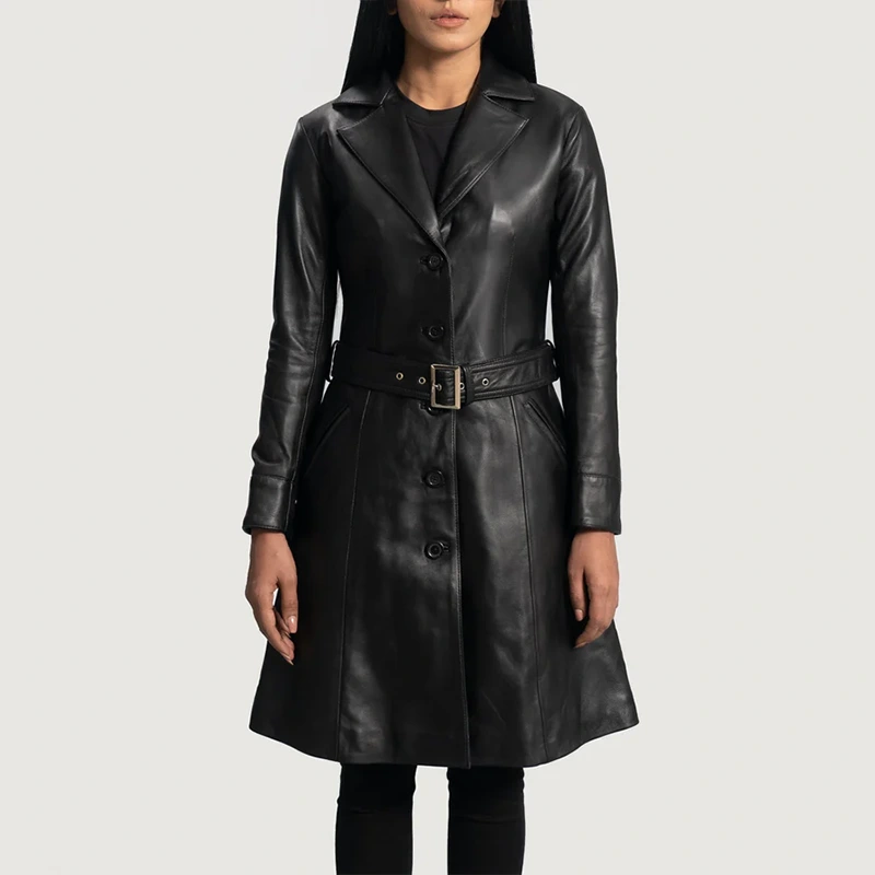 Black Leather Trench Coat Womens - Image 4