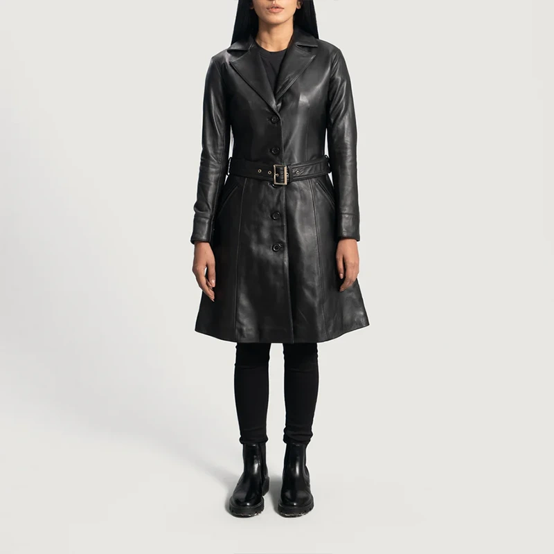 Black Leather Trench Coat Womens - Image 3