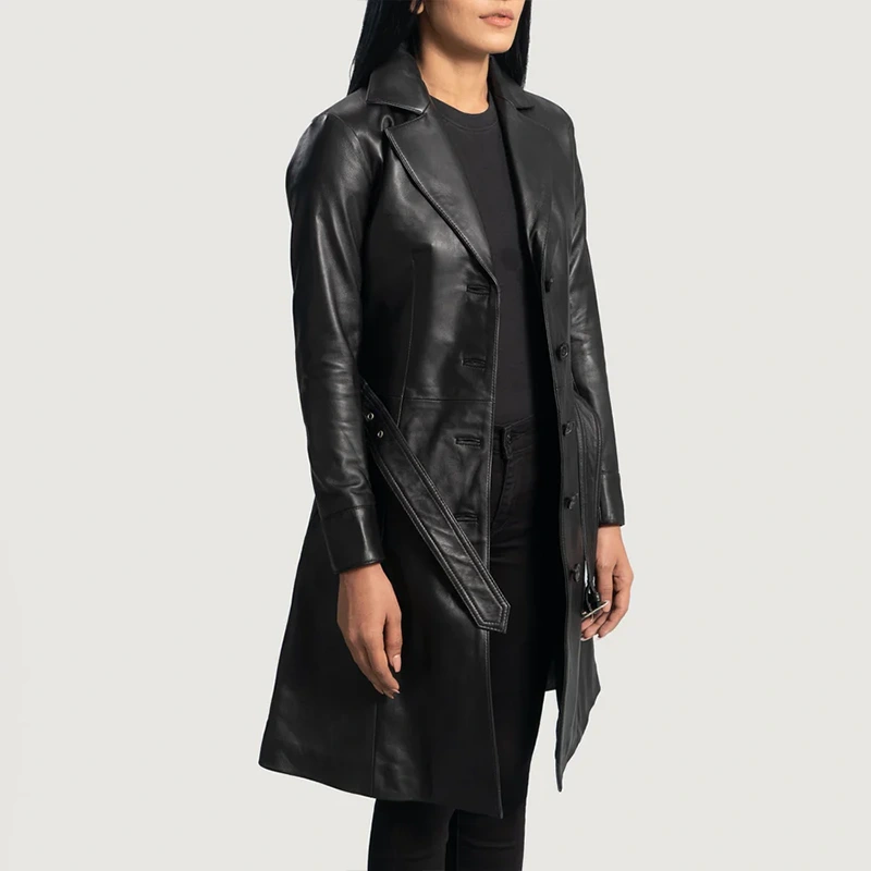 Black Leather Trench Coat Womens - Image 2