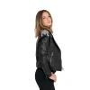 Crystals Shoulder Black Biker Leather Jacket