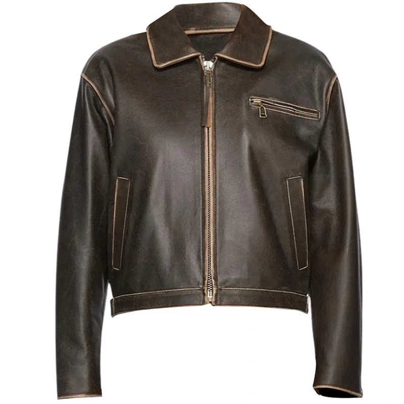 Distressed Brown Leather Jacket Women