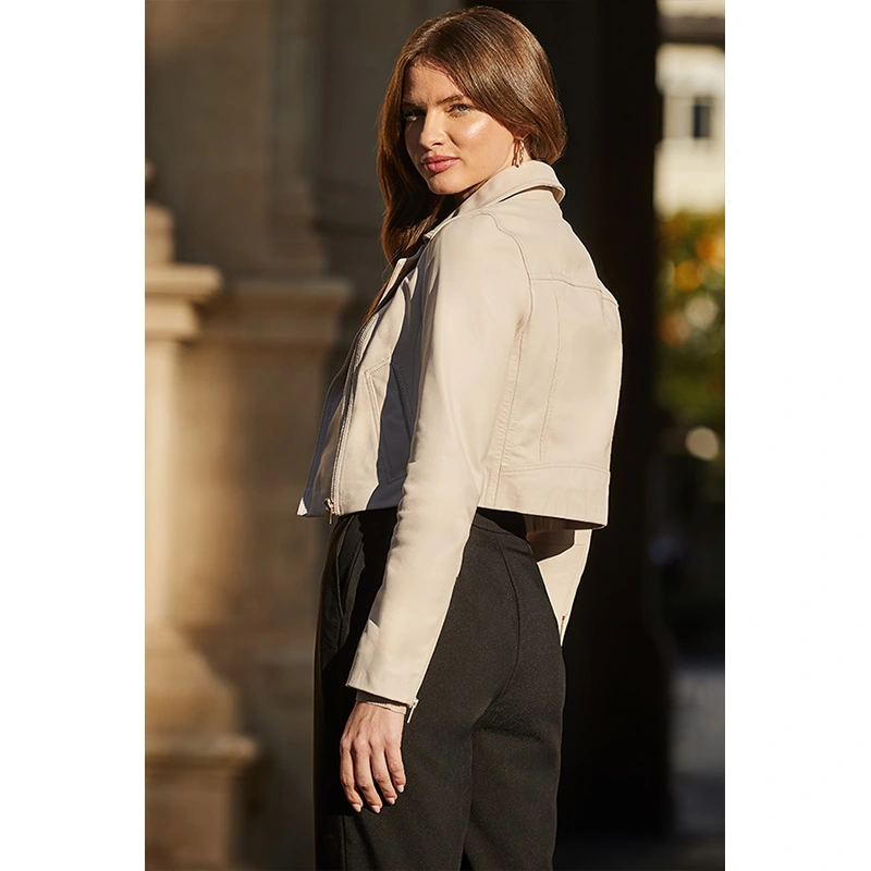 Ecru Cropped Leather Biker Jacket - Image 3