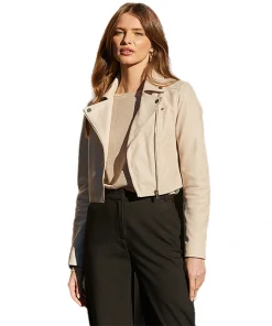 Ecru Cropped Leather Biker Jacket