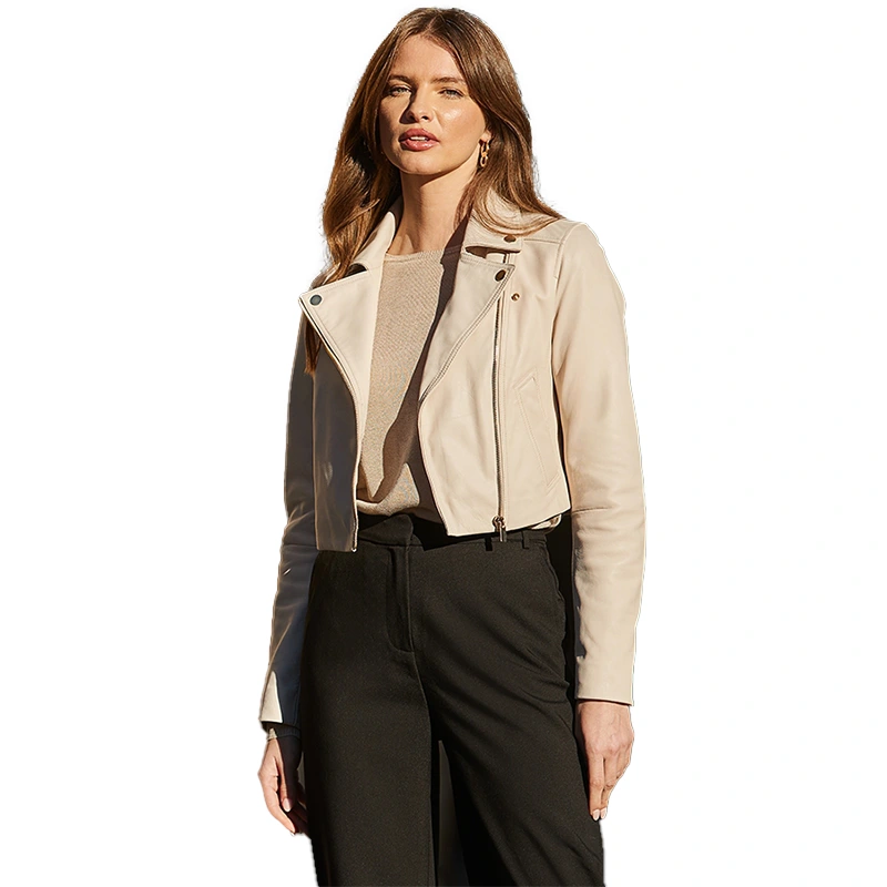 Ecru Cropped Leather Biker Jacket