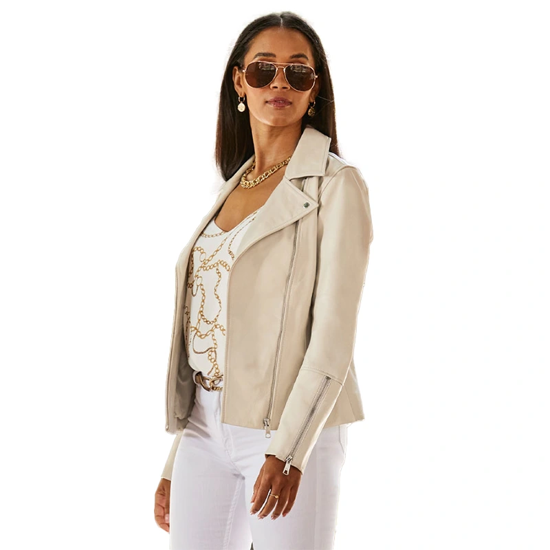 Ecru Leather Biker Jacket - Image 2