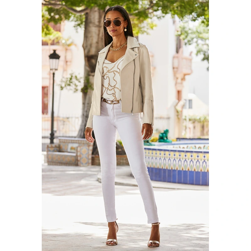 Ecru Leather Biker Jacket - Image 5