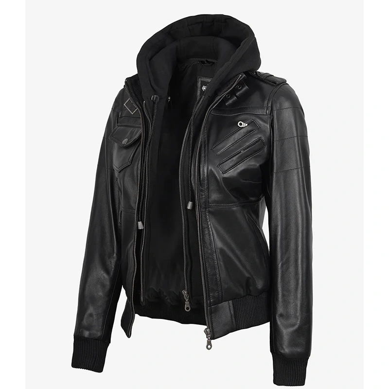Edinburgh Women's Bomber Black Leather Jacket with Removable Hood - Image 3