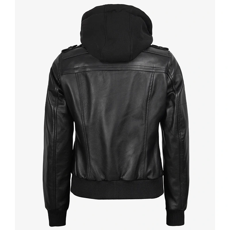Edinburgh Women's Bomber Black Leather Jacket with Removable Hood - Image 2