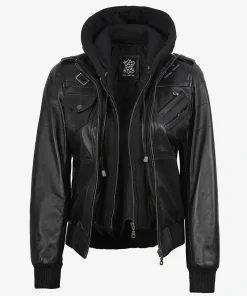Edinburgh Women's Bomber Black Leather Jacket with Removable Hood