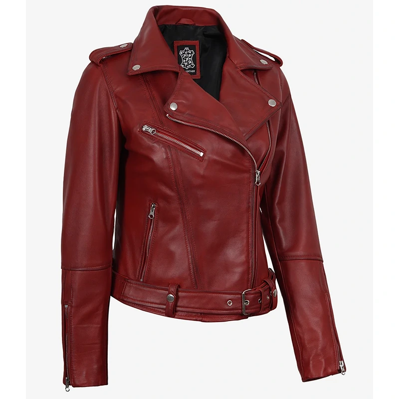 Margaret Red Women's Biker Leather Jacket - Image 3