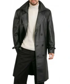 Men's Belted Double-Breasted Black Leather Trench Coat