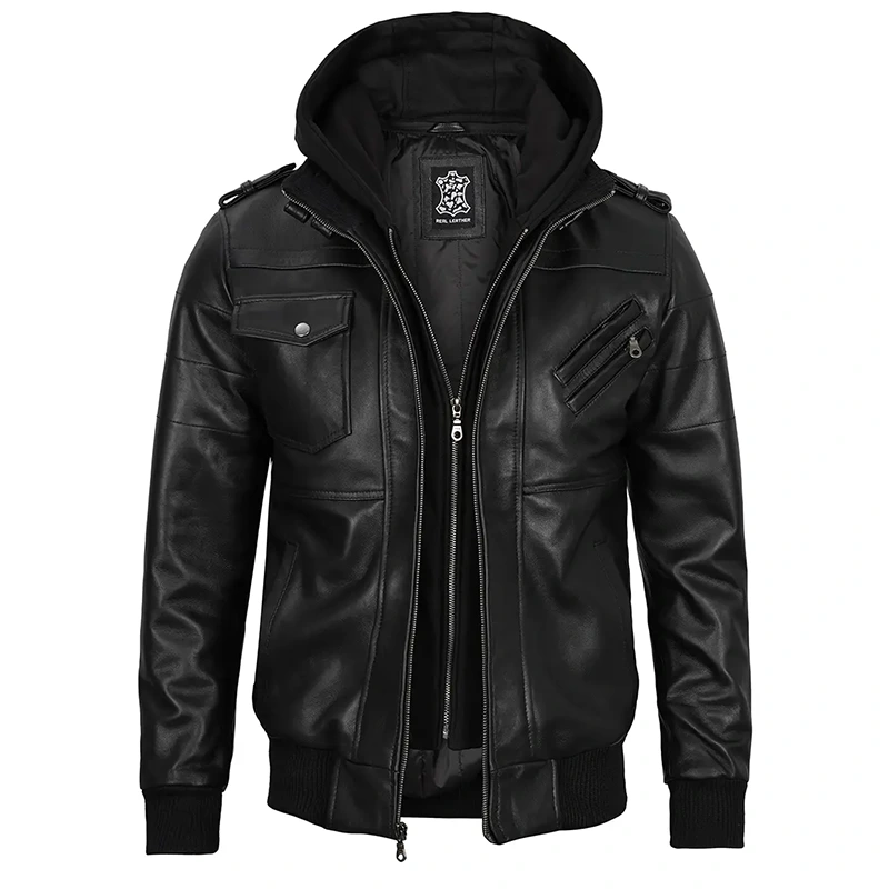 Men's Black Leather Jacket with Removable Hoodie - Image 2