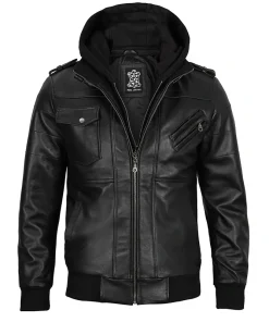 Men's Black Leather Jacket with Removable Hoodie