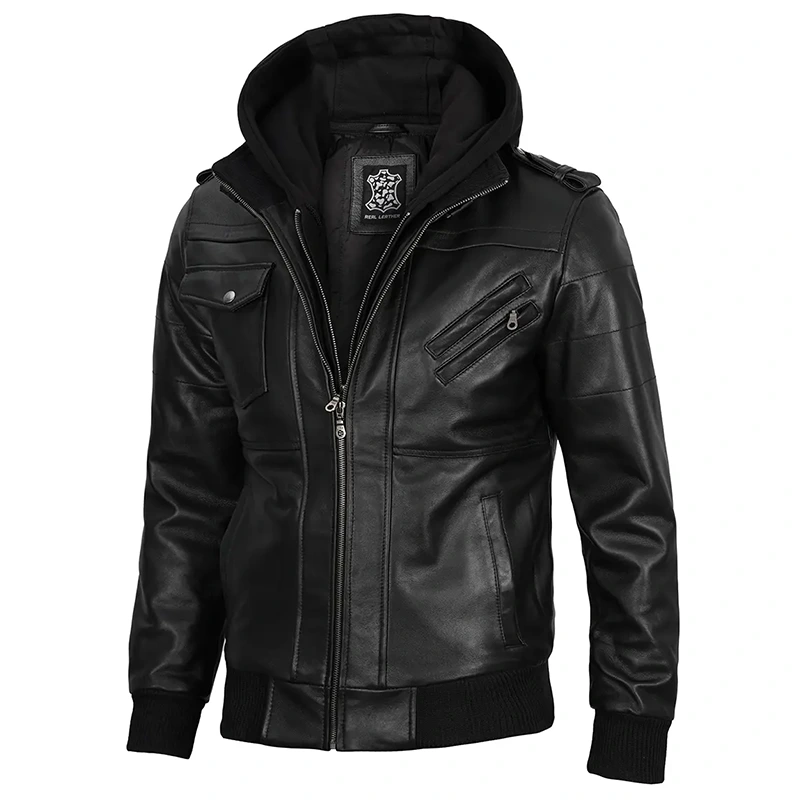 Men's Black Leather Jacket with Removable Hoodie - Image 7