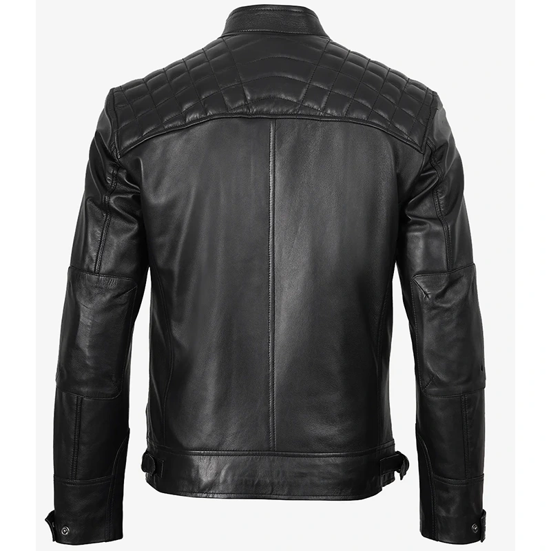 Men's Black Real Leather Quilted Cafe Racer Jacket - Image 4