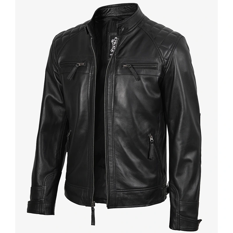 Men's Black Real Leather Quilted Cafe Racer Jacket - Image 2