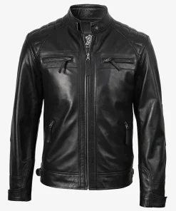 Men's Black Real Leather Quilted Cafe Racer Jacket