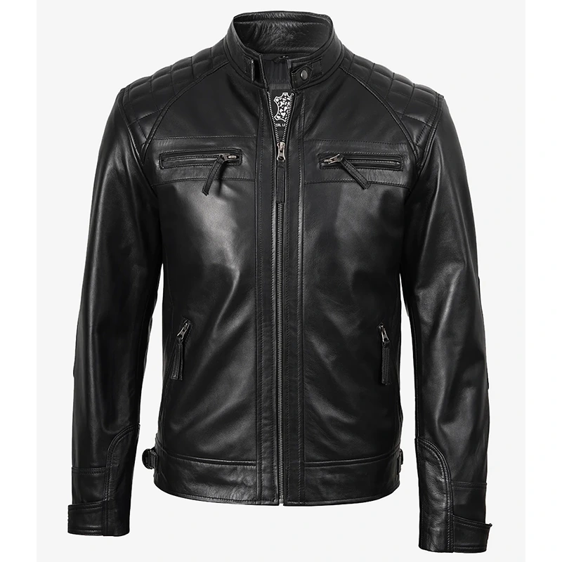 Men's Black Real Leather Quilted Cafe Racer Jacket