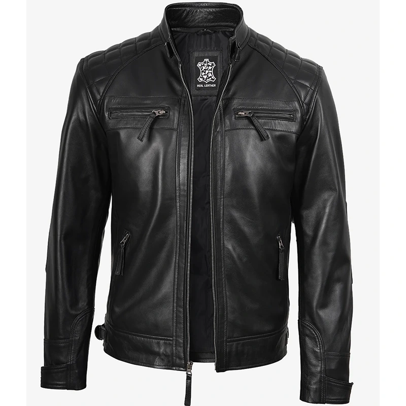 Men's Black Real Leather Quilted Cafe Racer Jacket - Image 3