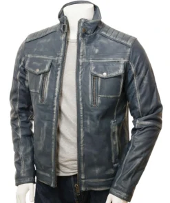 Men's Blue Waxed Cafe Racer Style Leather Jacket