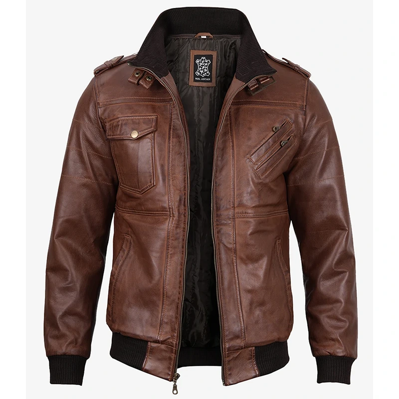 Men's Brown Bomber Leather Jacket - Image 3