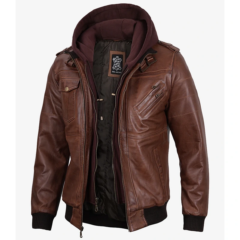 Men's Brown Bomber Leather Jacket - Image 5