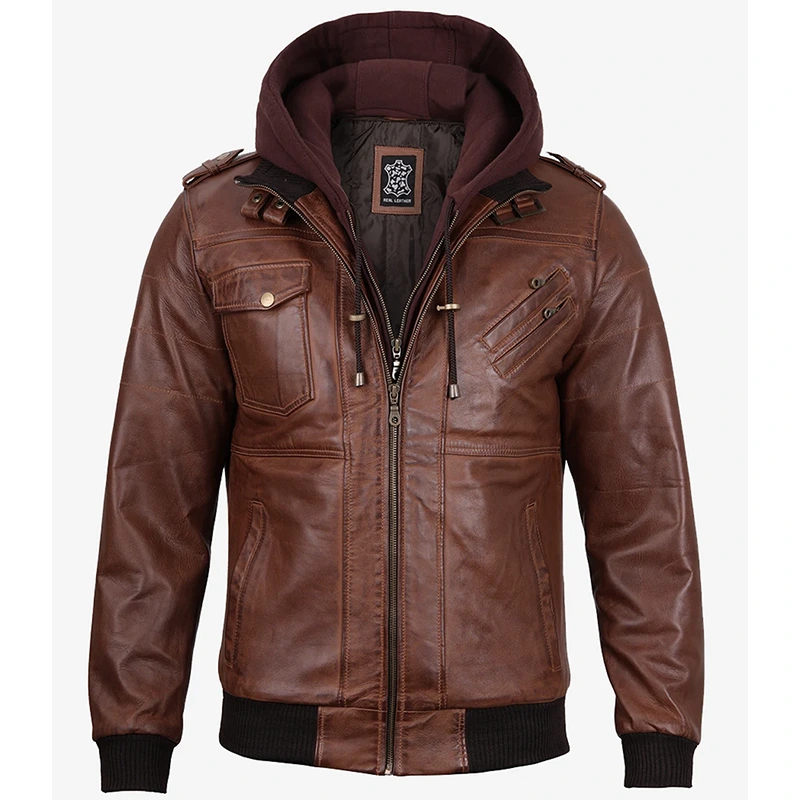 Men's Brown Bomber Leather Jacket - Image 6
