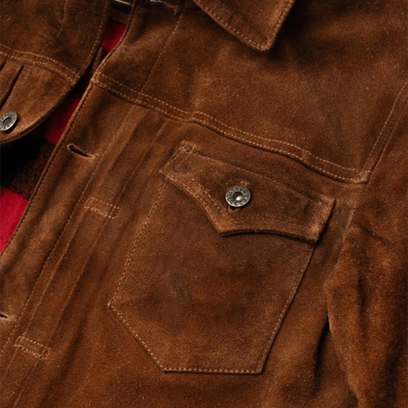 Men's Brown Slim Fit Suede Leather Jacket - Image 5