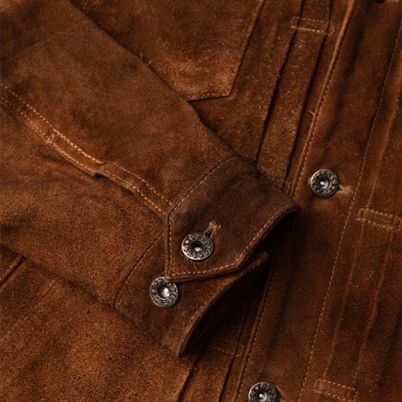 Men's Brown Slim Fit Suede Leather Jacket - Image 6