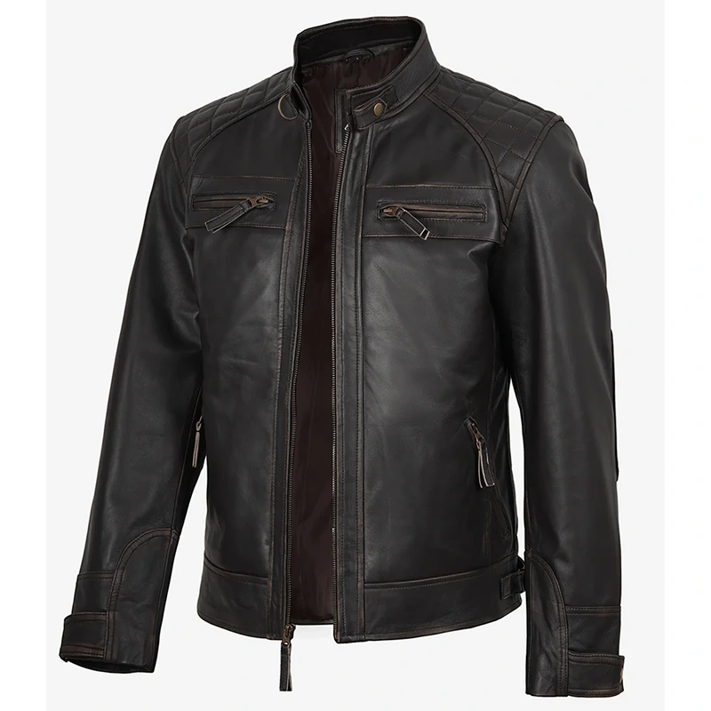 Men's Cafe Racer Rub-Off Brown Leather Jacket - Image 2