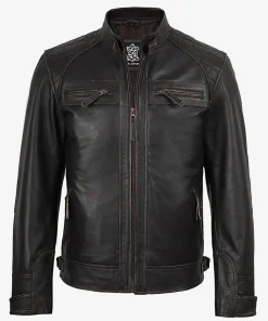 Men's Cafe Racer Rub-Off Brown Leather Jacket