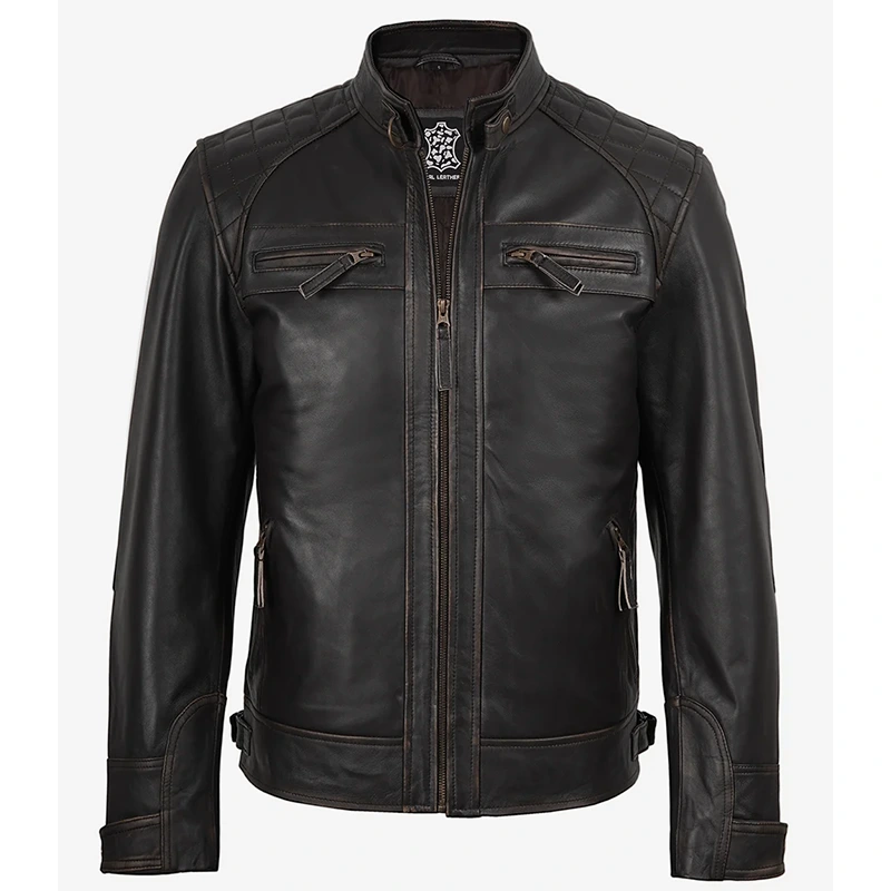 Men's Cafe Racer Rub-Off Brown Leather Jacket