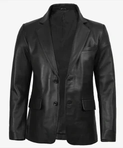Men's Notch Lapel Two-Button Black Leather Blazer Jacket